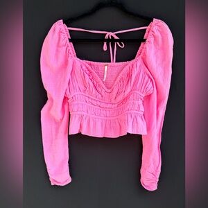 Free People Bright Pink Smocked Blouse Metal Support for cleavage Cotton Modal